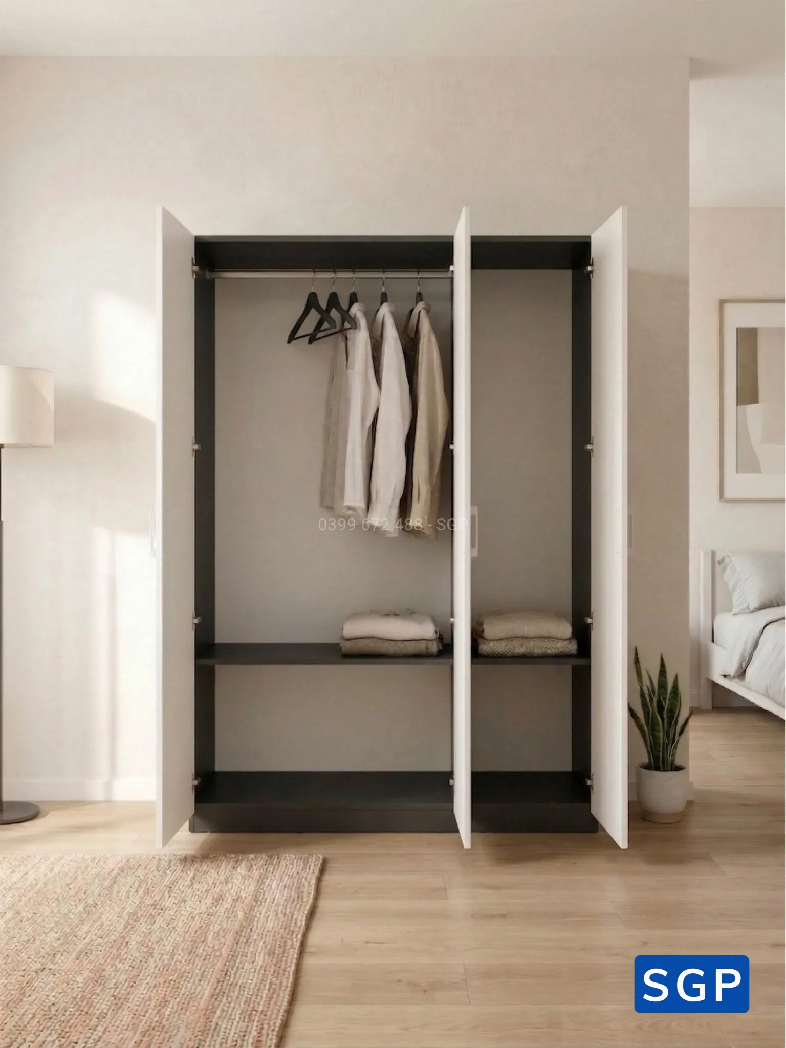 Tủ Quần Áo Gỗ Công Nghiệp MDF Cánh Mở Màu Trắng 